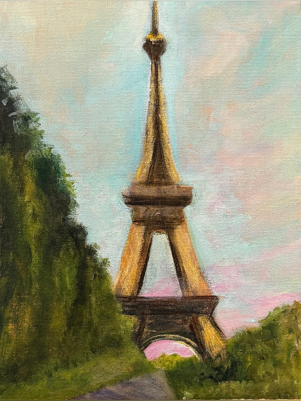 Hand painted Eiffel Tower Canvas Art painting in Gold and Green